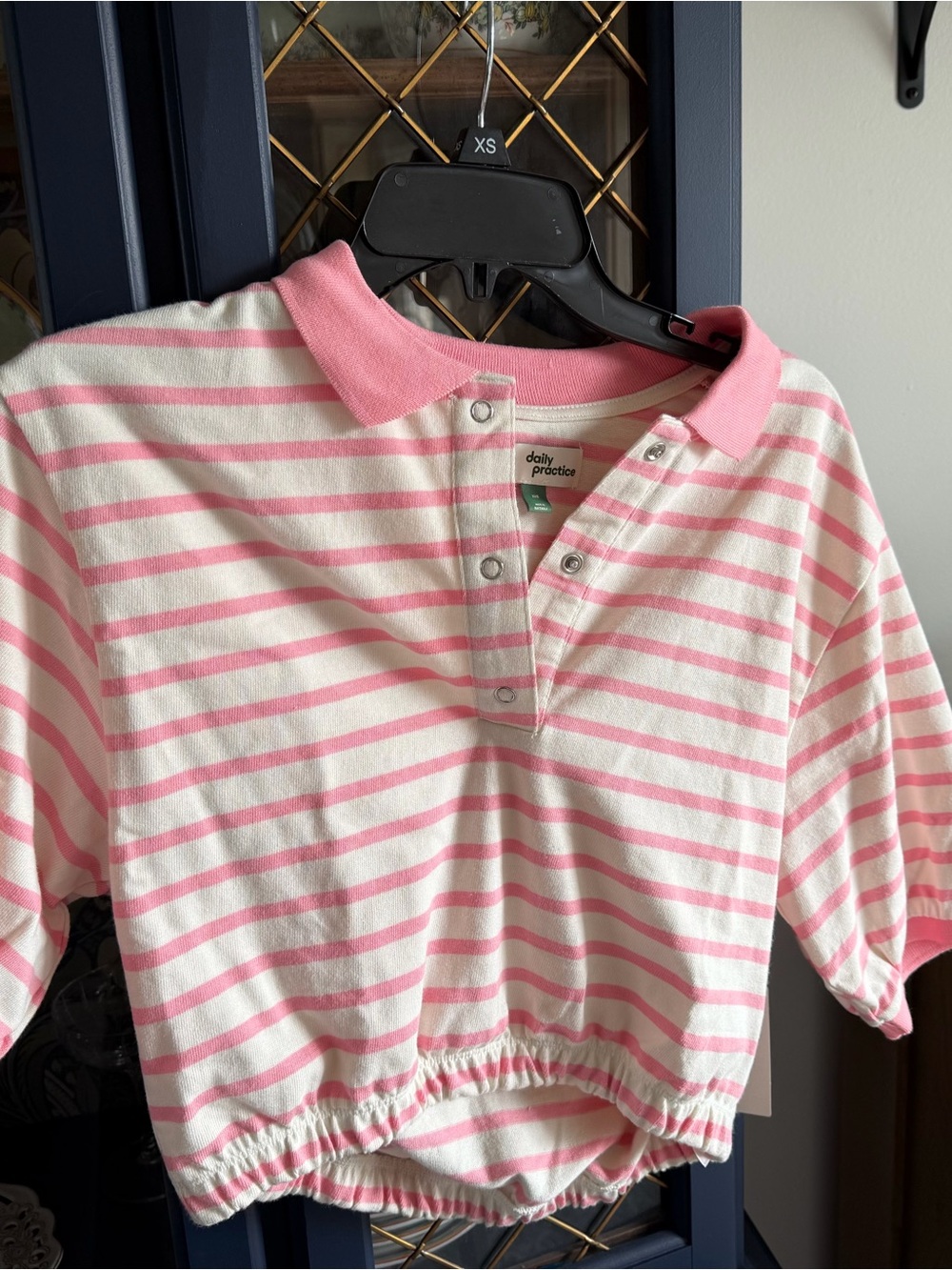 Anthropologie Daily Practice Pink & White Striped Crop Polo Top